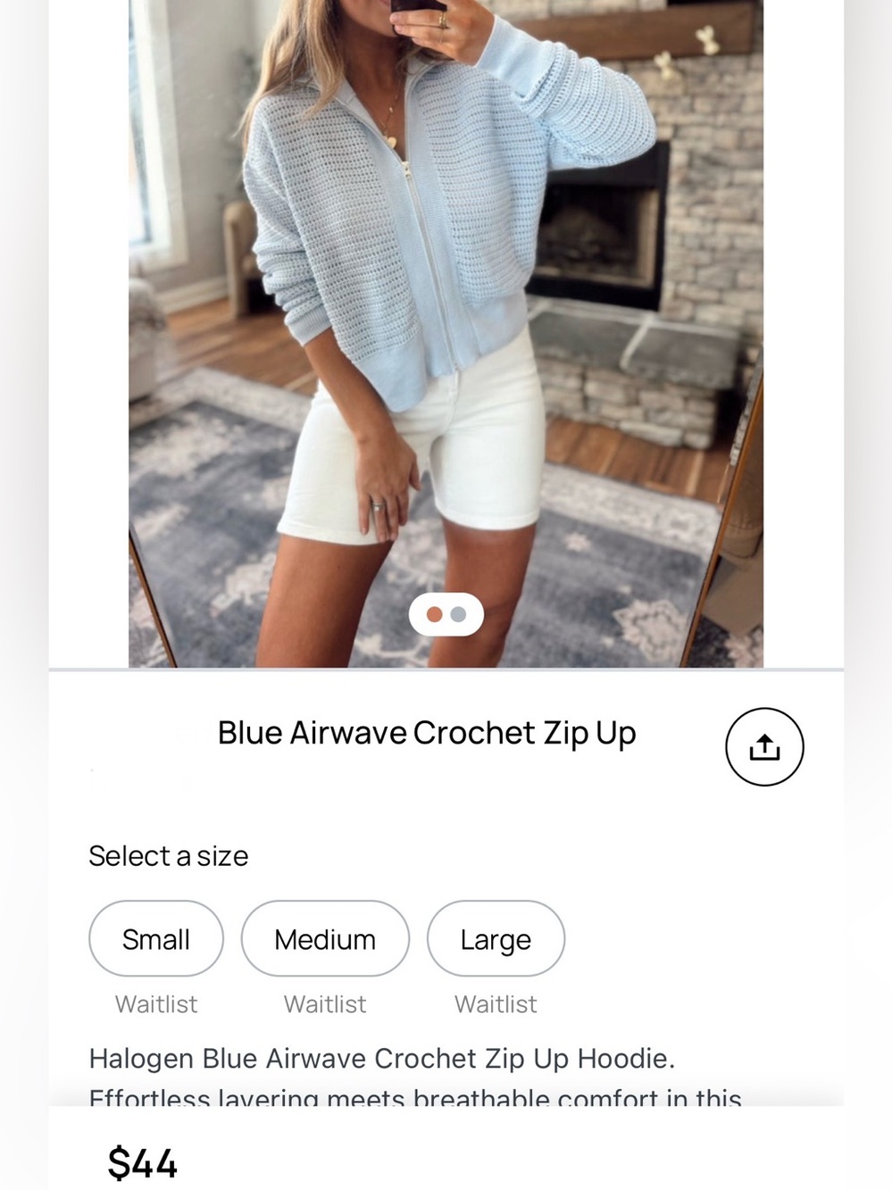Mono B Light Blue open weave Crochet Zip-Up summer sweater large